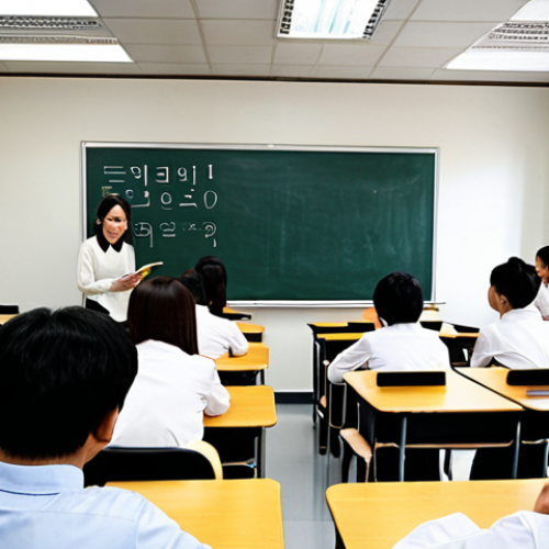 Home 11 **Korean Language School Classroom:** Interior of a brightly lit language school classroom. Students are engaged in a Korean lesson with an enthusiastic teacher. Whiteboard covered in Korean characters and phrases. Textbooks and learning materials on desks. A mix of ages and ethnicities in the class. The overall feeling is positive and encouraging.