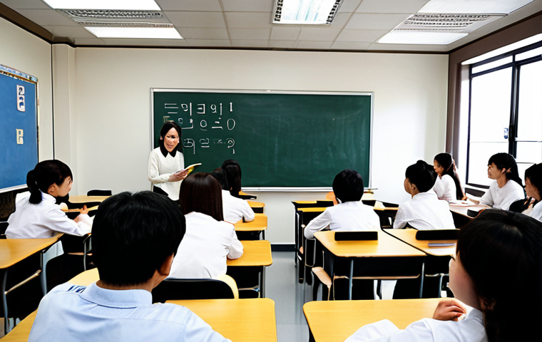 **Korean Language School Classroom:** Interior of a brightly lit language school classroom. Students are engaged in a Korean lesson with an enthusiastic teacher. Whiteboard covered in Korean characters and phrases. Textbooks and learning materials on desks. A mix of ages and ethnicities in the class. The overall feeling is positive and encouraging.