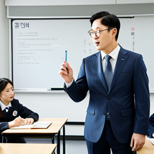 Home 6 **
"A professional language instructor, fully clothed in modest business casual attire, teaching a Korean language class to adult students in a bright, modern classroom, safe for work, appropriate content, perfect anatomy, correct proportions, family-friendly learning environment, high-quality educational setting."
**