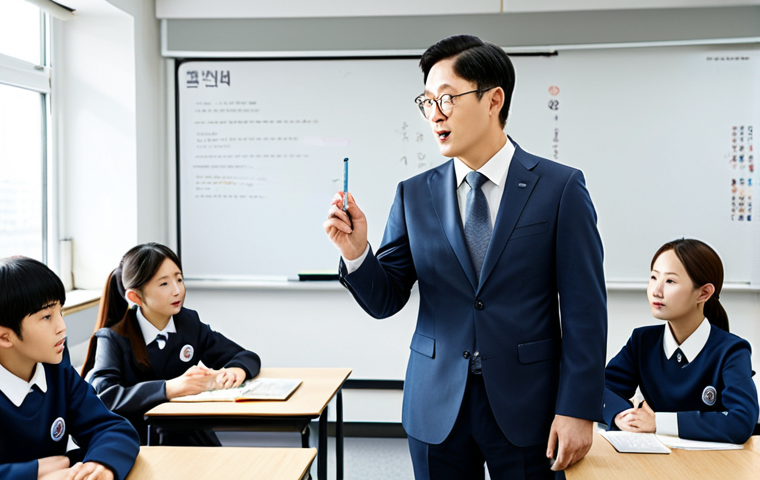 **
"A professional language instructor, fully clothed in modest business casual attire, teaching a Korean language class to adult students in a bright, modern classroom, safe for work, appropriate content, perfect anatomy, correct proportions, family-friendly learning environment, high-quality educational setting."
**