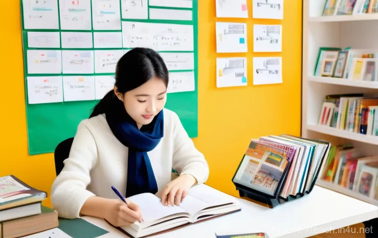 한국어교원 이론 공부법 - **Prompt:** A thoughtful young Italian woman, late 20s, sits at a wooden desk in a cozy, slightly cl...