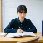 한국어교원 시험 합격 전략 - **Prompt:** A focused young adult, in their mid-20s, with short, neat hair, sits at a clean, well-li...