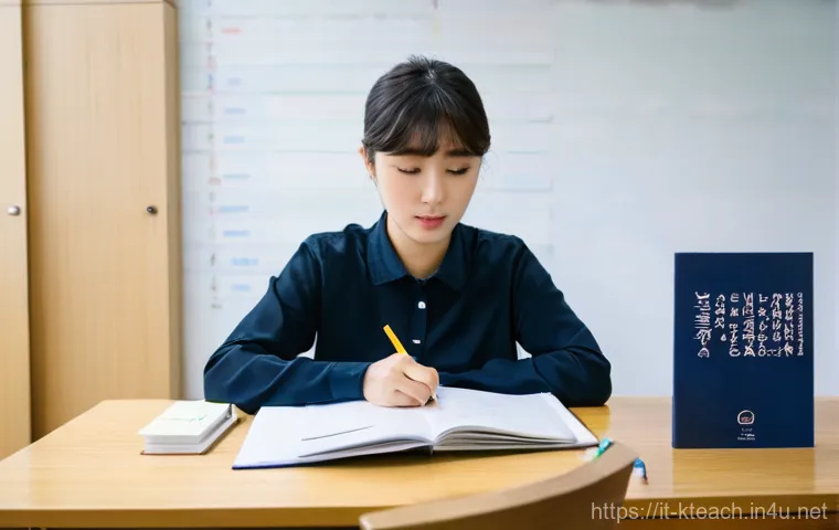 한국어교원 시험 합격 전략 - **Prompt:** A focused young adult, in their mid-20s, with short, neat hair, sits at a clean, well-li...