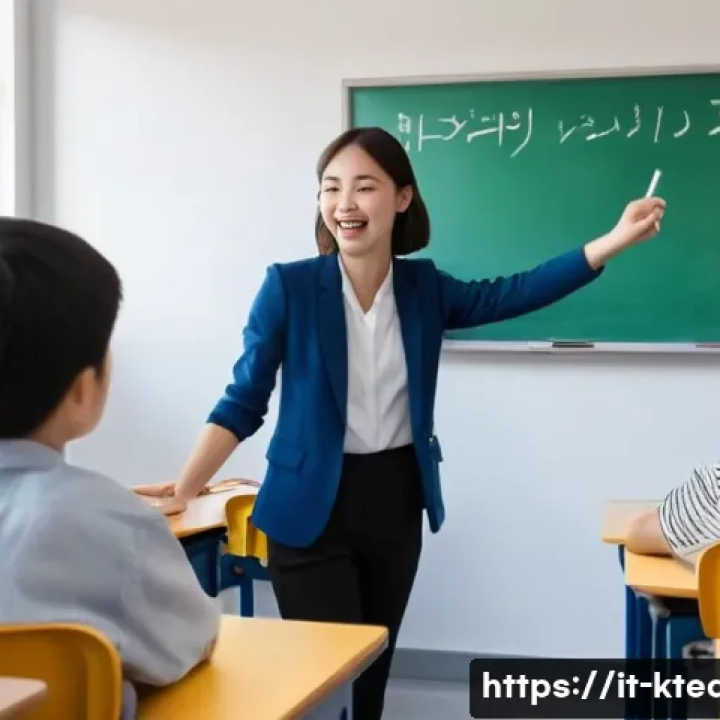한국어교원 시험 난이도 분석 - A modern classroom scene in Italy where a young Italian teacher is enthusiastically explaining Korea...