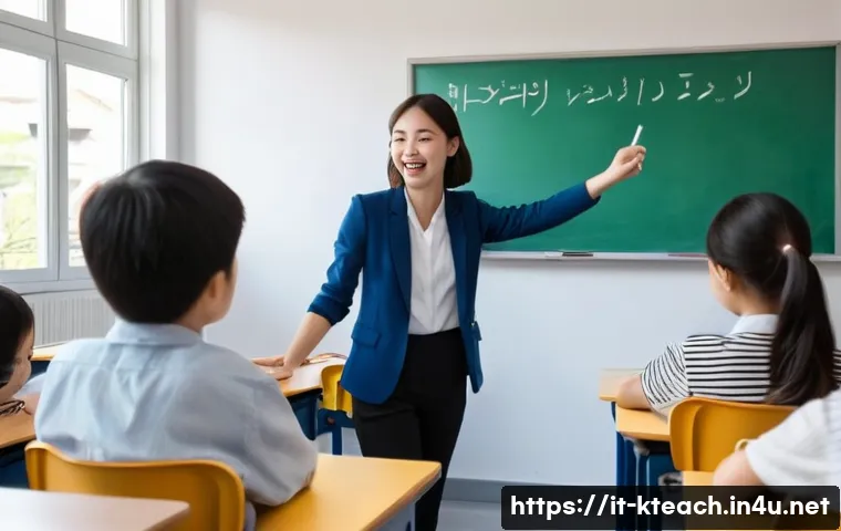 한국어교원 시험 난이도 분석 - A modern classroom scene in Italy where a young Italian teacher is enthusiastically explaining Korea...