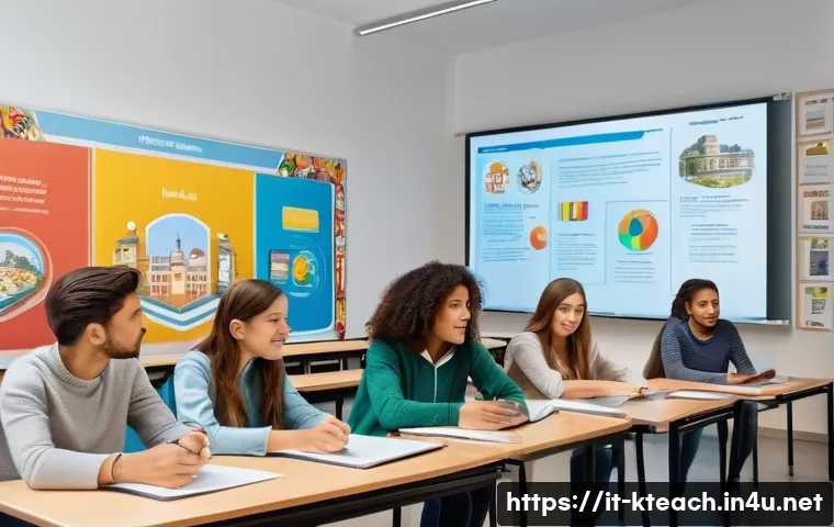 한국어교원 실습 과정에서 주의할 점 - A modern classroom setting in Italy featuring a diverse group of attentive adult students engaged in...