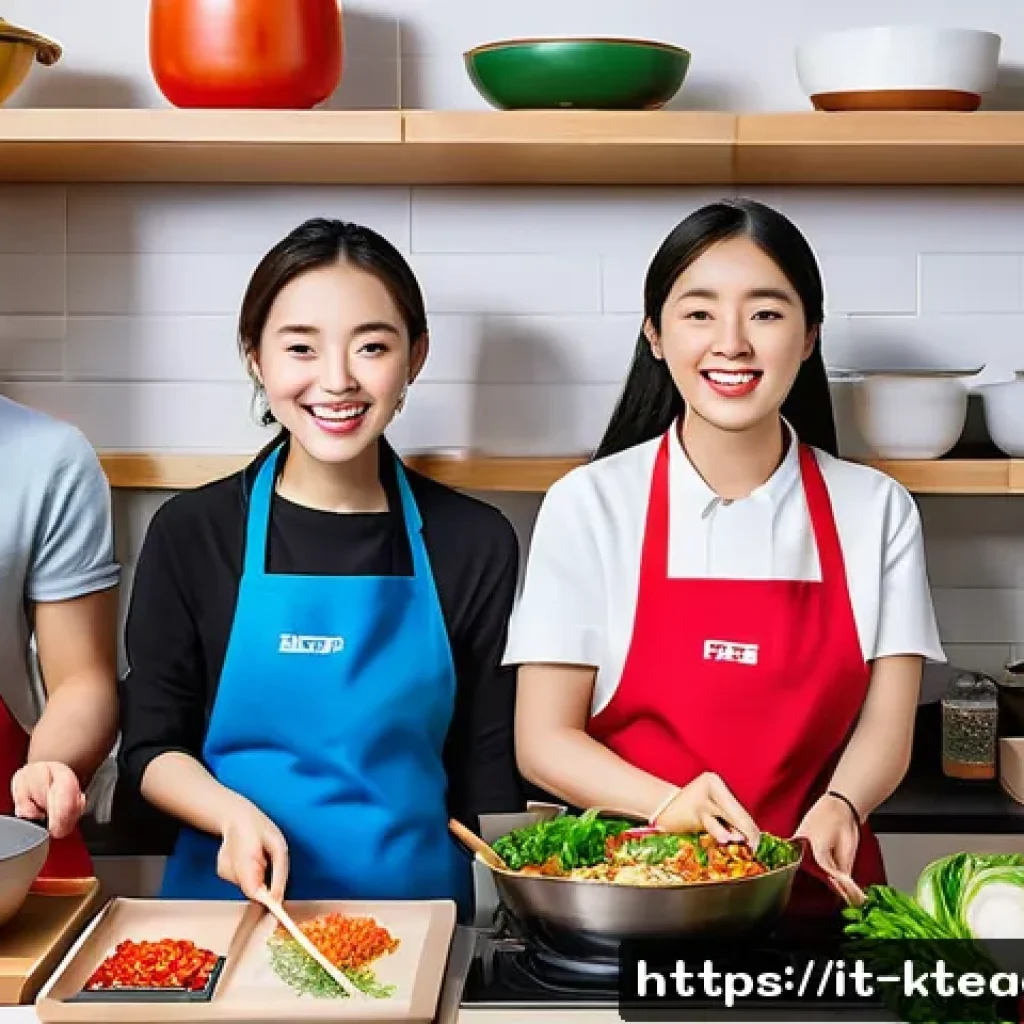 한국어교원과 문화 이해의 중요성 - A lively Korean cooking workshop set in a cozy, modern kitchen with warm lighting, featuring a diver...