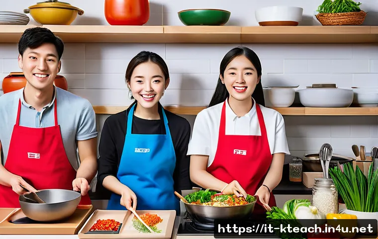 한국어교원과 문화 이해의 중요성 - A lively Korean cooking workshop set in a cozy, modern kitchen with warm lighting, featuring a diver...